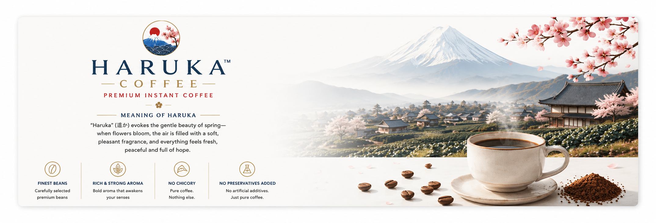 Haruka Coffee advertisement with a scenic background and coffee cup.