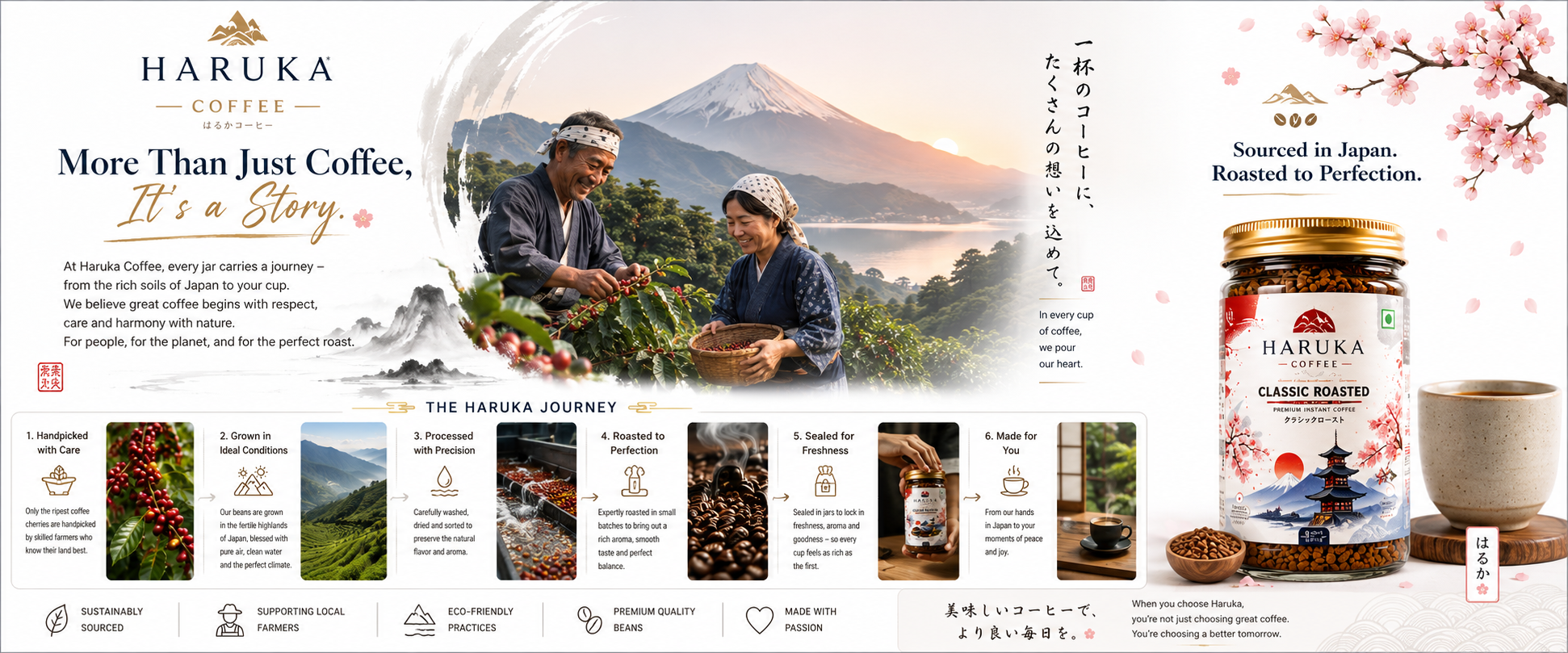 Haruka Coffee advertisement with people in a field, Mount Fuji, and coffee packaging.